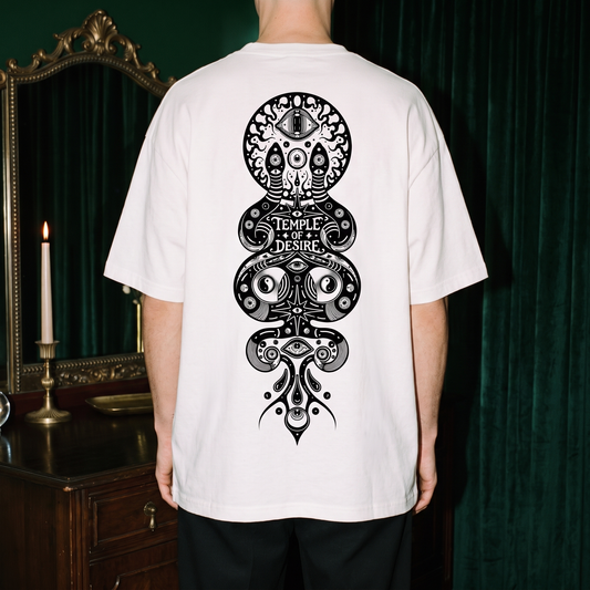 Tinte — Doppelgesicht: Rückenprint auf weißem Oversized-T-Shirt, Temple of Desire.