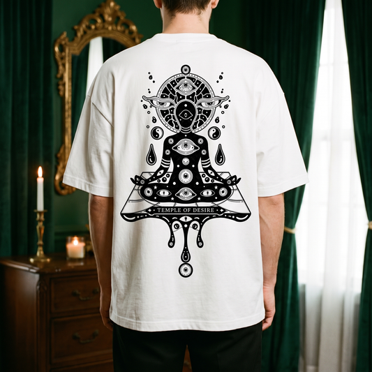 Meditation — Tinte: Rückenprint auf weißem Oversized-T-Shirt, Temple of Desire.