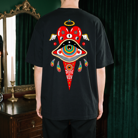 Herz — Wächter: Rückenprint auf schwarzem Oversized-T-Shirt, Temple of Desire.