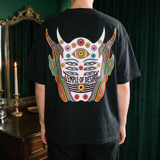 Hüter — Maske: Rückenprint auf schwarzem Oversized-T-Shirt, Temple of Desire.
