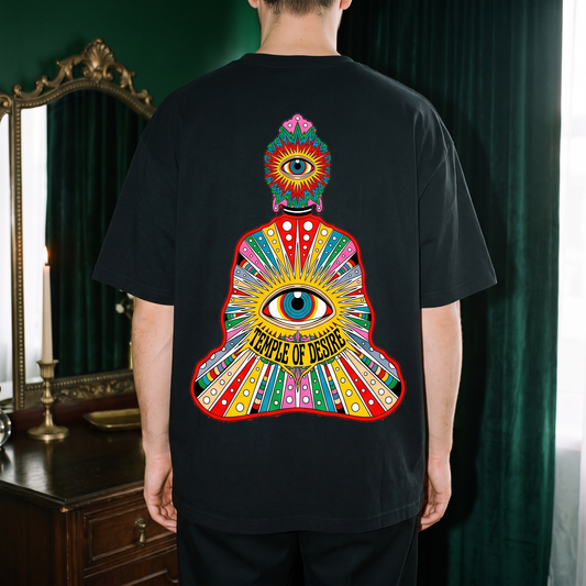 Der Sitzende — Strahlen: Rückenprint auf schwarzem Oversized-T-Shirt, Temple of Desire.