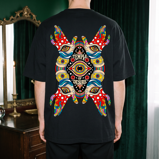 Hände — Sehen: Rückenprint auf schwarzem Oversized-T-Shirt, Temple of Desire.