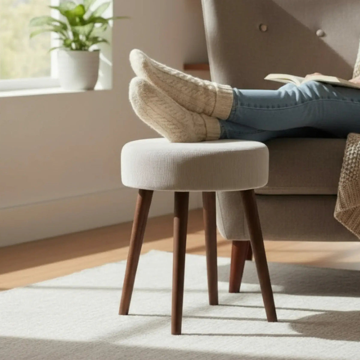 Runder Polsterhocker Cord beige von Miamonda, Ansicht 7