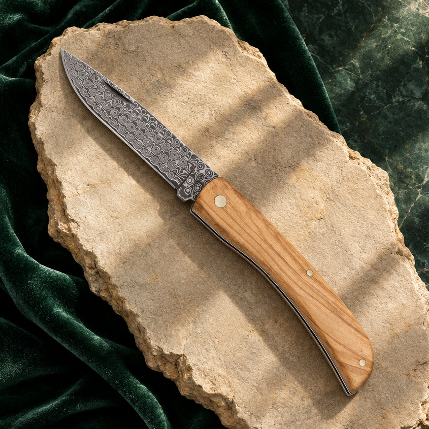 Haller Damast-Taschenmesser mit Olivenholzgriff auf hellem Stein