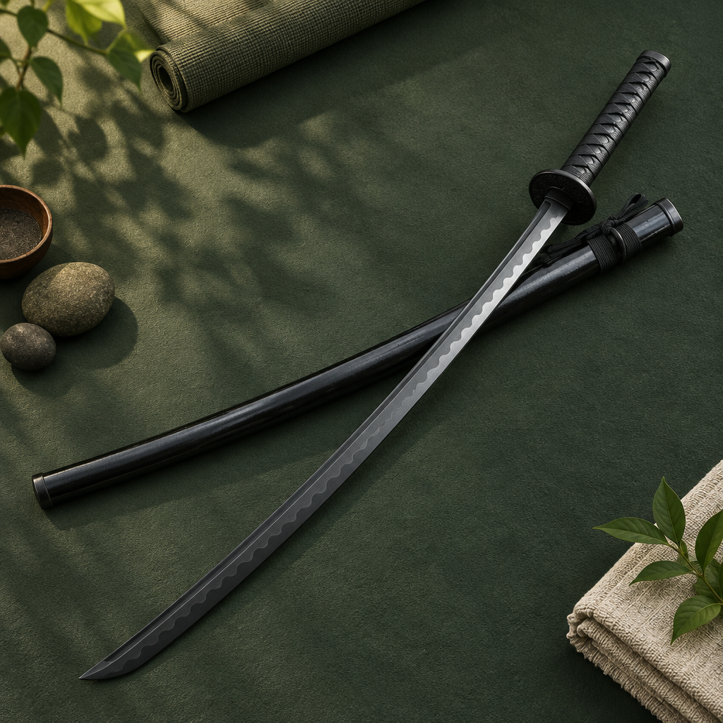 Schwarzes Bokken aus Polyurethan mit Saya auf grünem Tuch