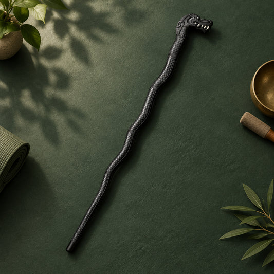 Schwarzer Cold Steel Dragon Gehstock in Drachenform auf grünem Tuch