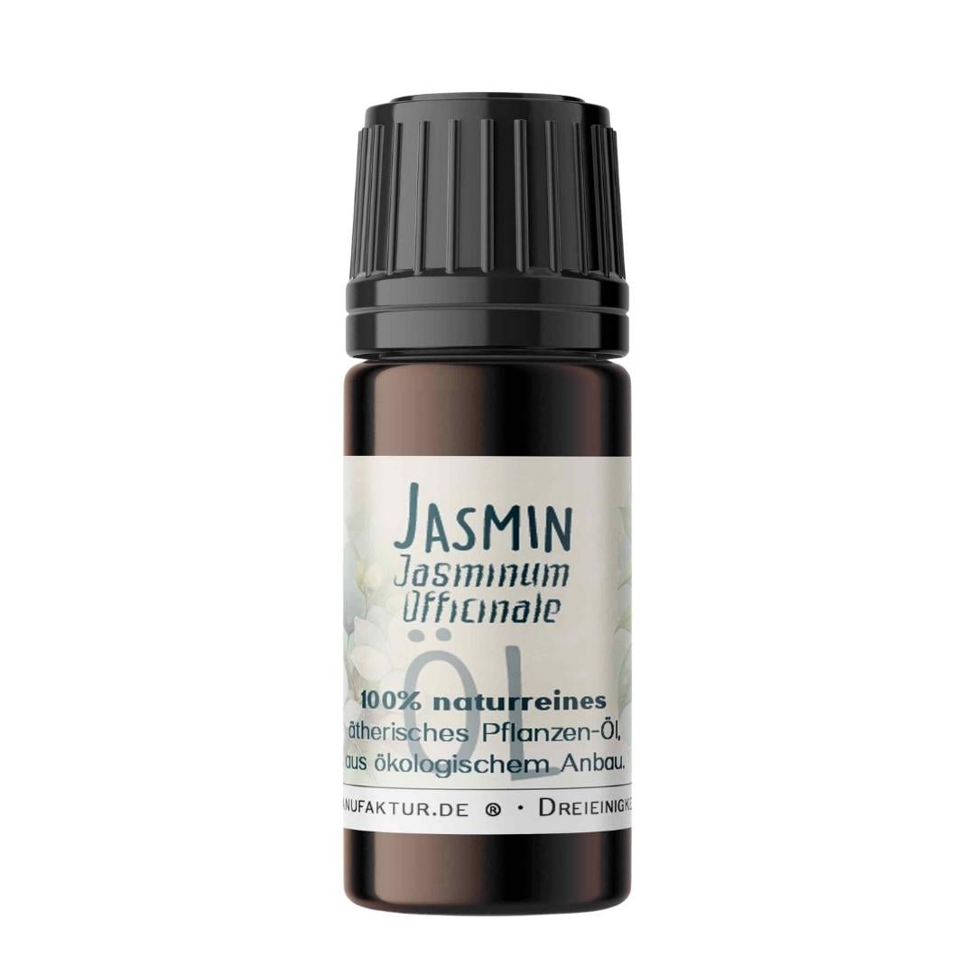 Jasmin ätherisches Öl von Ritualmanufaktur – Braunglasfläschchen vor weißem Hintergrund
