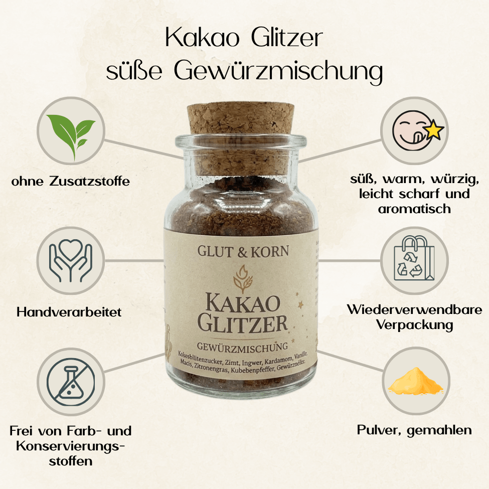 Übersicht zu Kakao Glitzer süß: ohne Zusatzstoffe, handverarbeitet, wiederverwendbare Verpackung, gemahlen