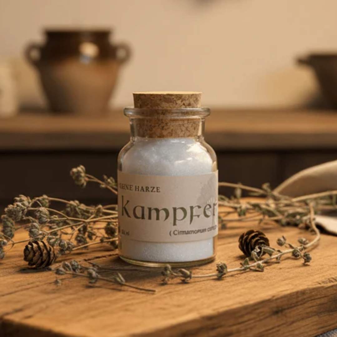 Reiner Kampfer von Ritualmanufaktur im Glas mit Korken auf einem Holztisch