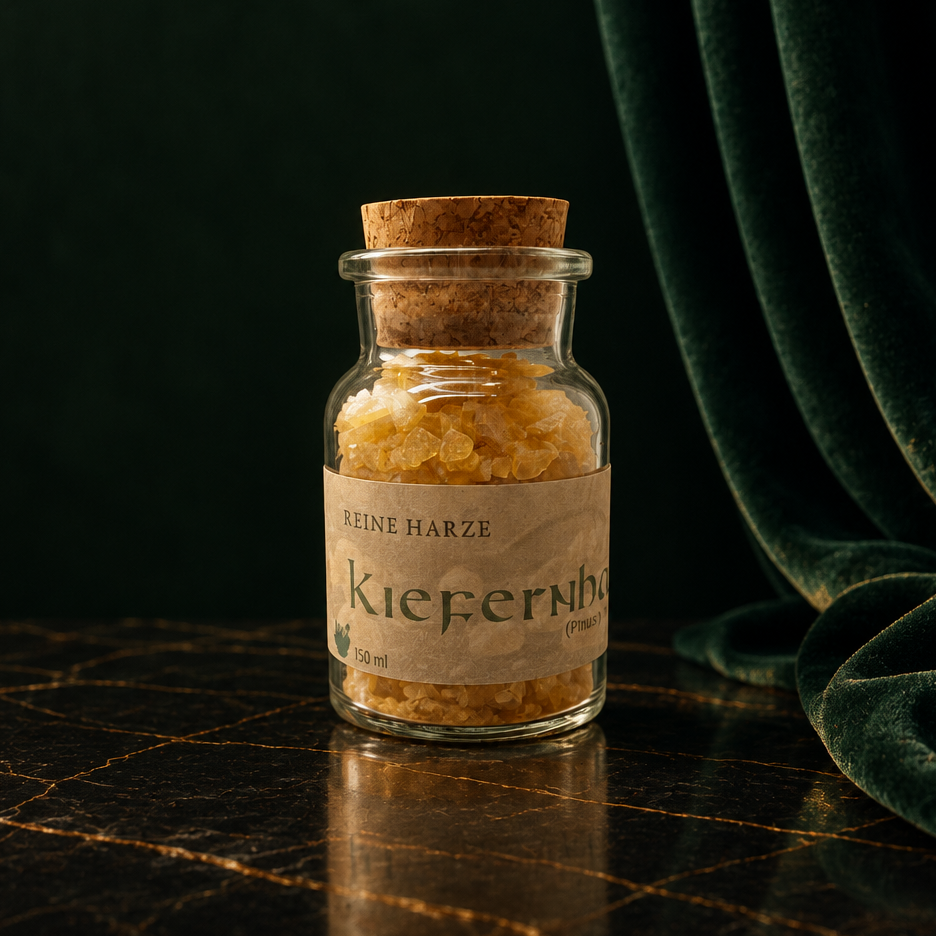 Kiefernharz im kleinen Glas mit Korken vor weißem Hintergrund