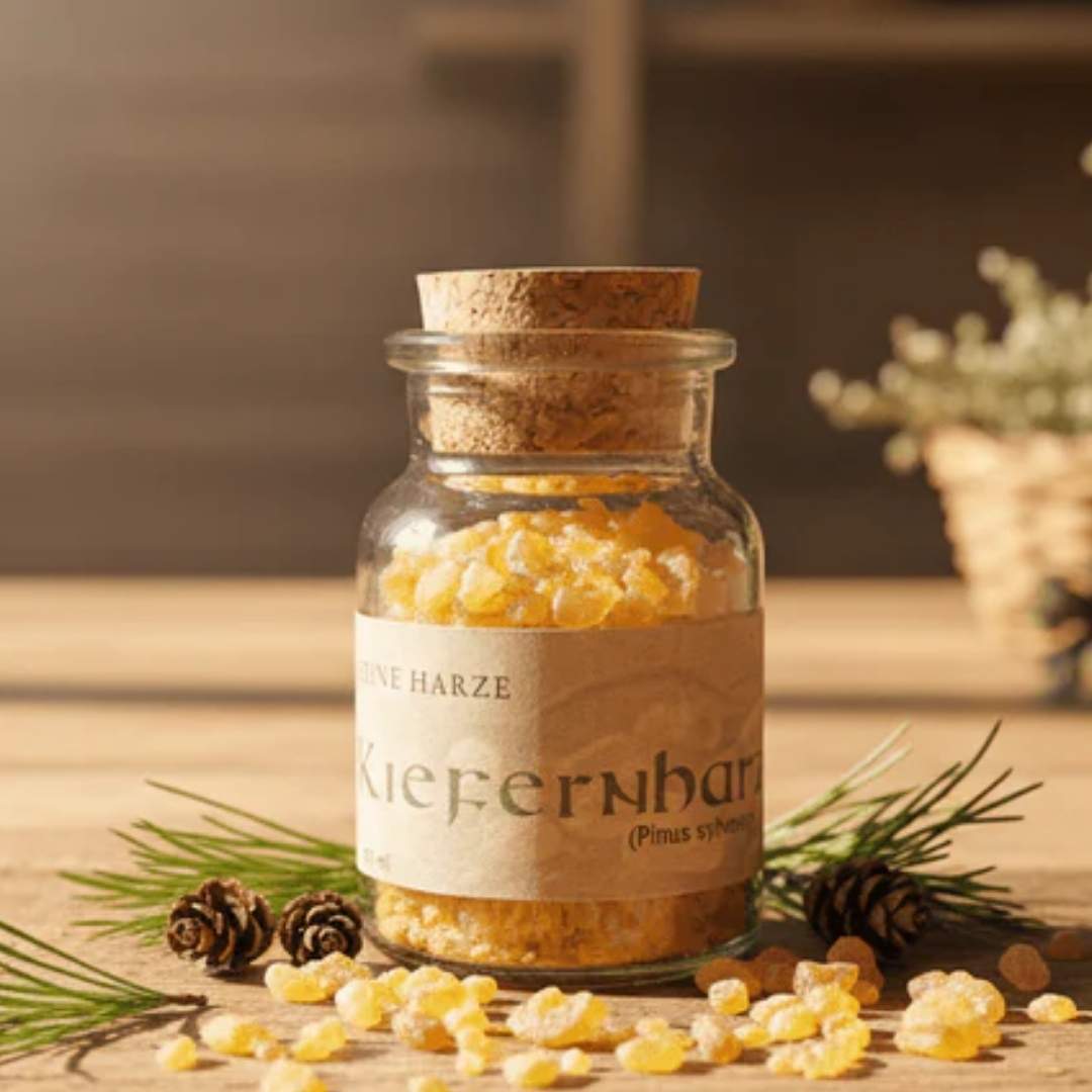 Kiefernharz von Ritualmanufaktur im Glas mit Korken auf einem Holztisch mit Kiefernzweigen