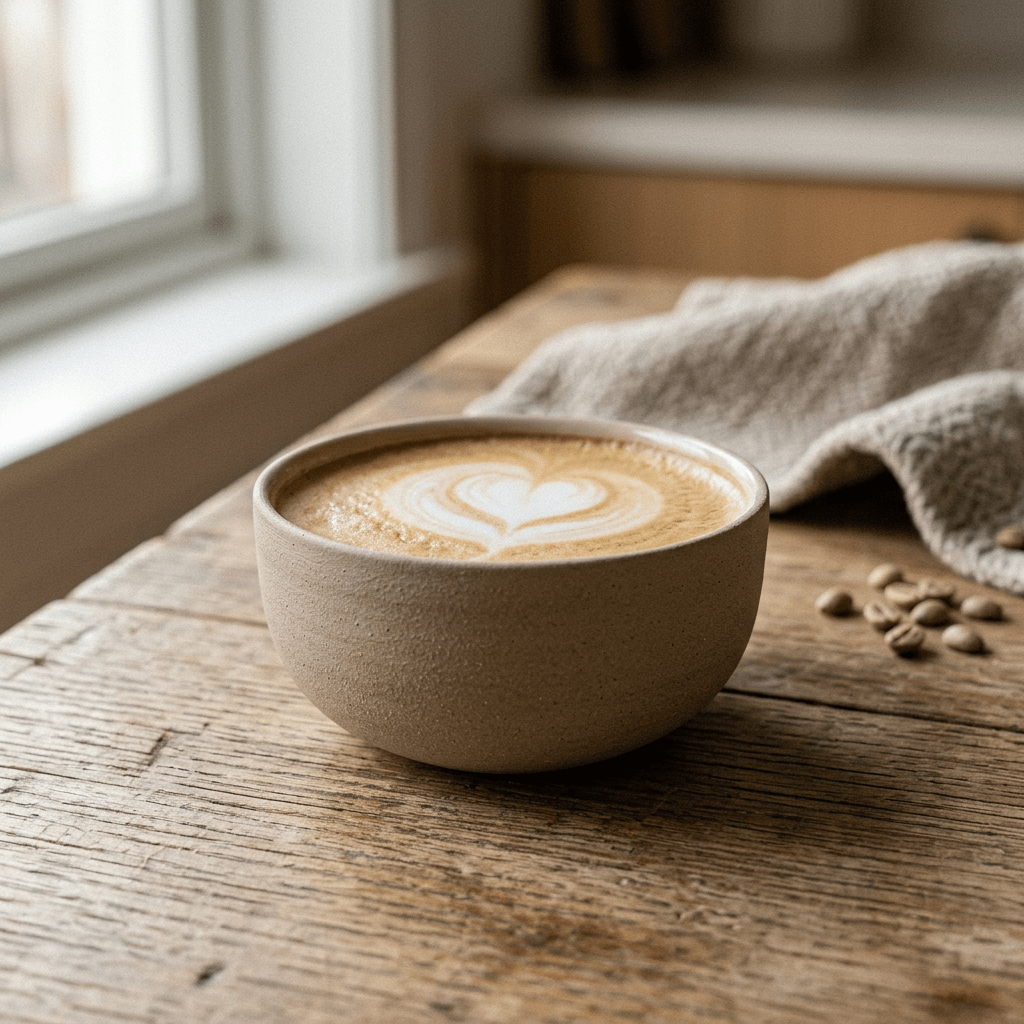 KUMO Cappuccino Tasse beige – Innenseite mit glänzender Glasur