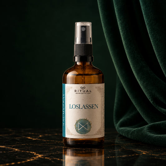 Loslassen Energiespray von Ritualmanufaktur – Braunglas-Sprühflasche auf einem Holztisch mit Kräutern und Zitrone