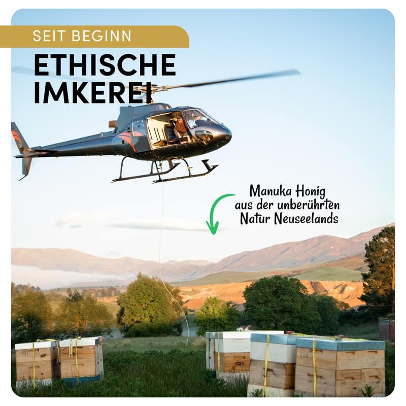 Hubschrauber über Bienenstöcken in der Landschaft Neuseelands