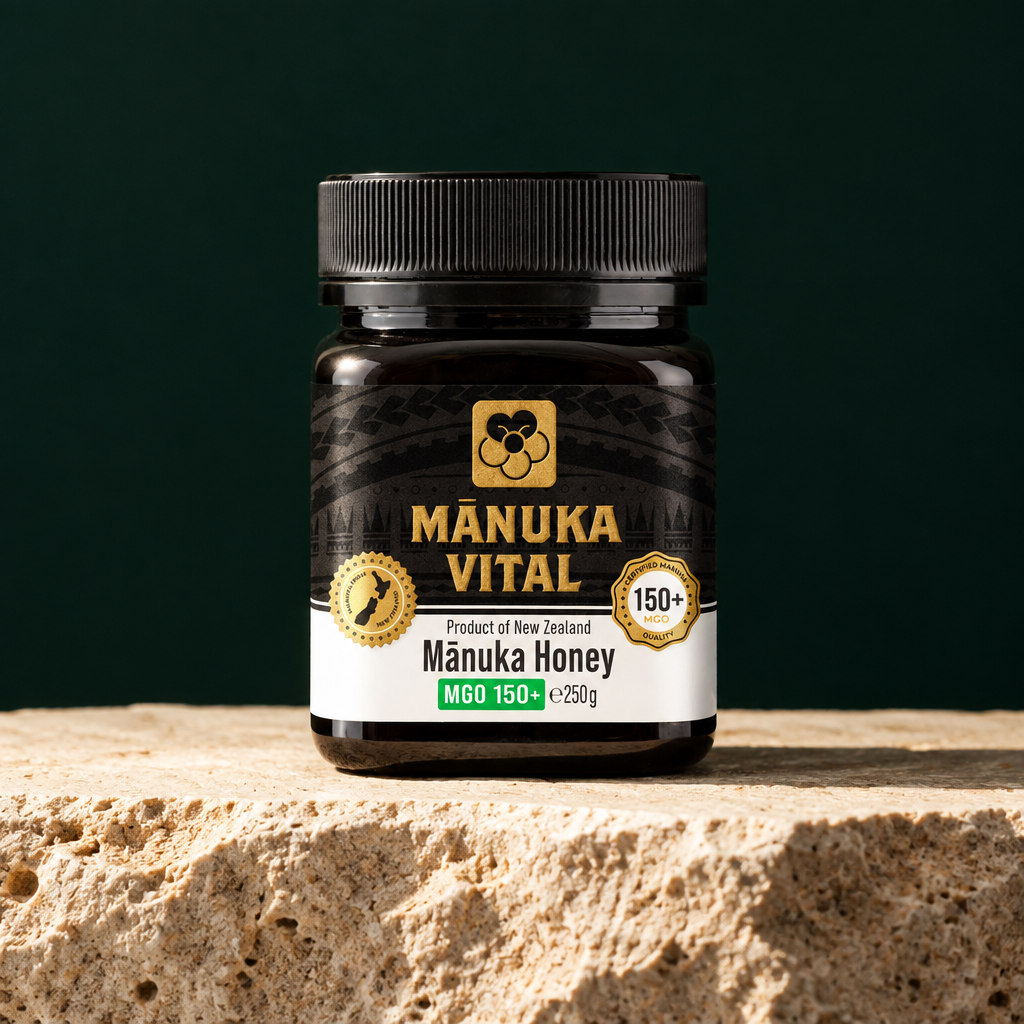 Glas Manuka Vital Manuka Honig MGO 150+ 250 g auf hellem Stein vor dunkelgrünem Hintergrund