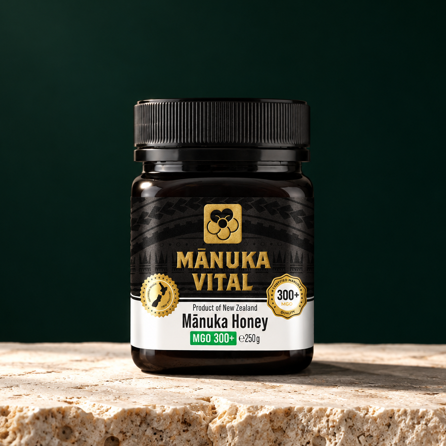 Glas Manuka Vital Manuka Honig MGO 300+ 250 g auf hellem Stein vor dunkelgrünem Hintergrund