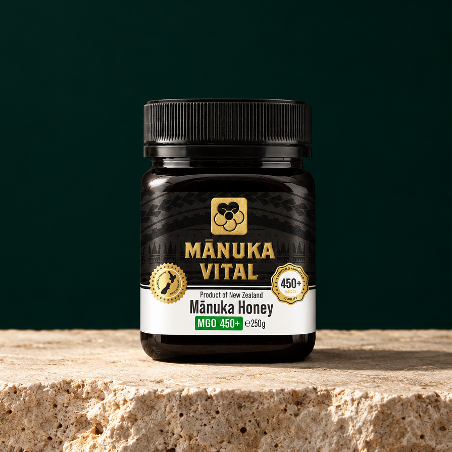 Glas Manuka Vital Manuka Honig MGO 450+ 250 g auf hellem Stein vor dunkelgrünem Hintergrund