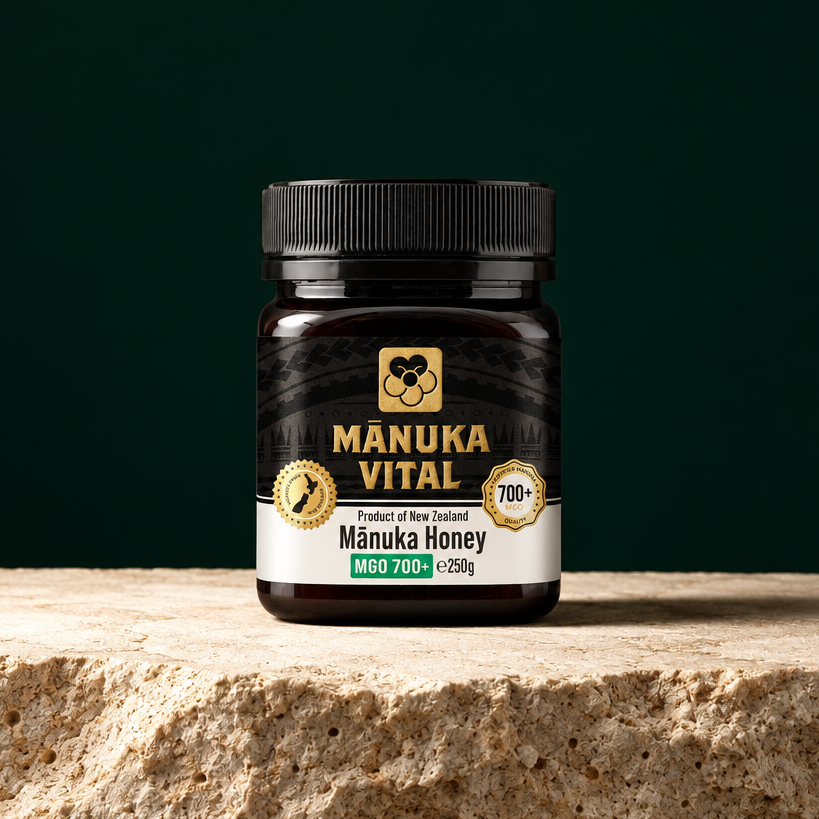 Glas Manuka Vital Manuka Honig MGO 700+ 250 g auf hellem Stein vor dunkelgrünem Hintergrund