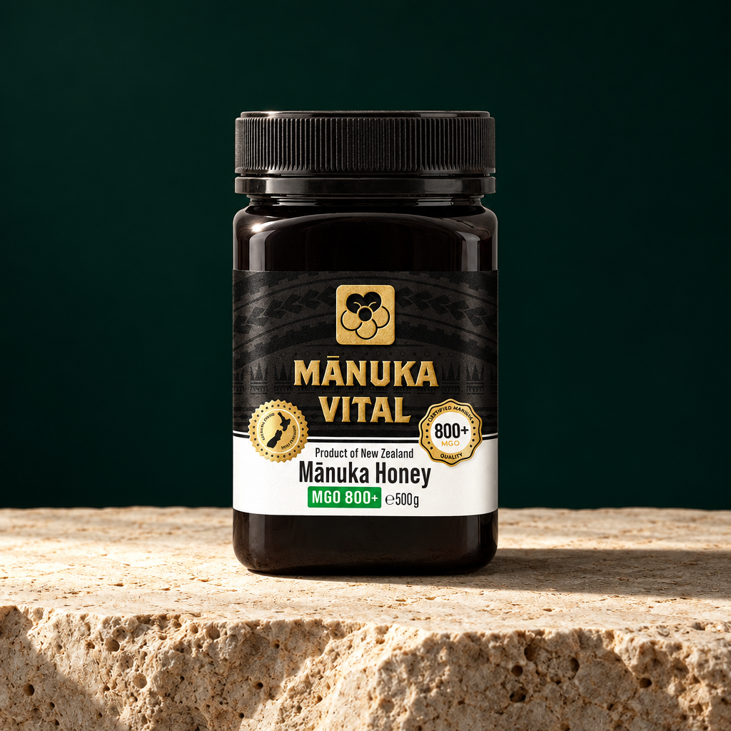 Glas Manuka Vital Manuka Honig MGO 800+ 500 g auf hellem Stein vor dunkelgrünem Hintergrund