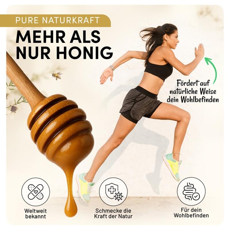 Frau im Laufschritt neben einem tropfenden Honiglöffel, Werbegrafik von Manuka Vital