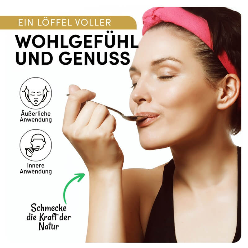 Frau genießt einen Löffel Honig, Werbegrafik zur Anwendung von Manuka Vital
