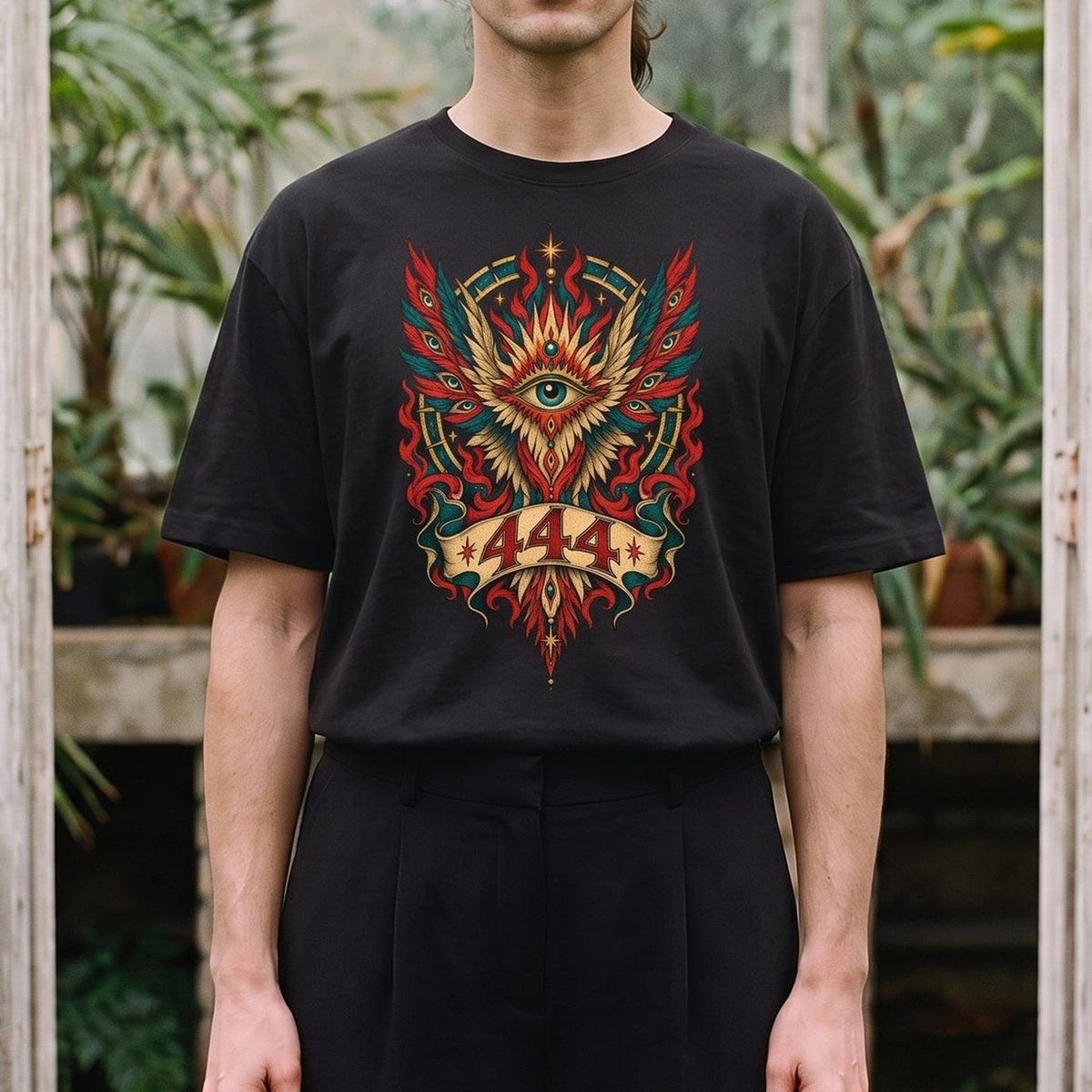 444 — Wächter: schwarzes Oversized-T-Shirt, getragen, Detail.