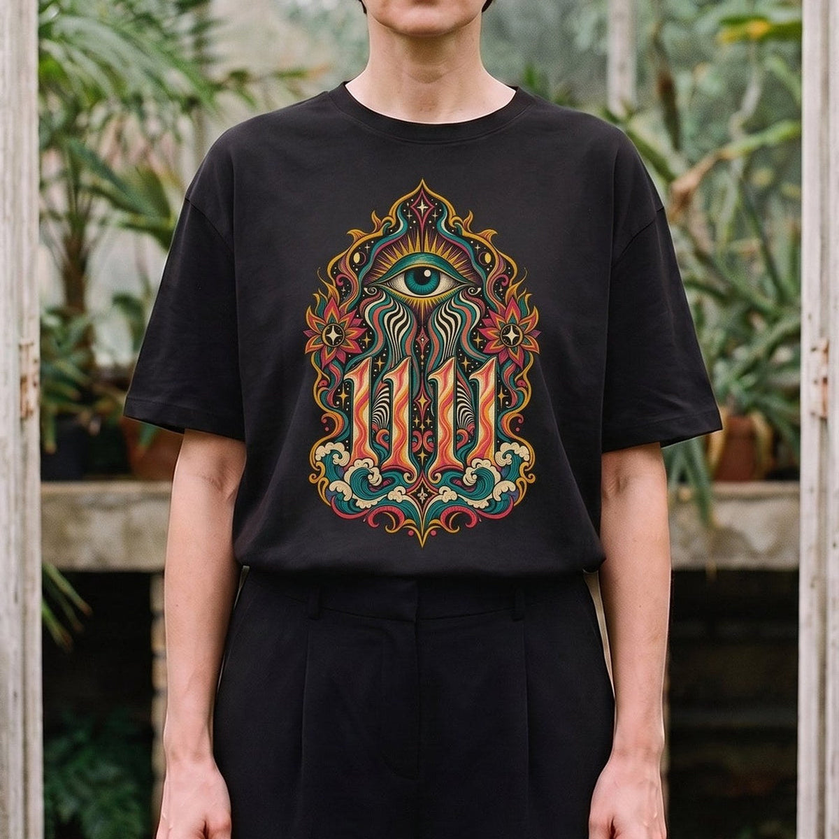 1111 — Das Signal: schwarzes Oversized-T-Shirt, getragen, Ausschnitt.