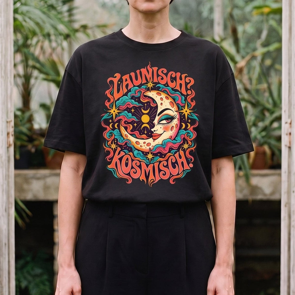 Launisch Kosmisch: schwarzes Oversized-T-Shirt, getragen, Ausschnitt.