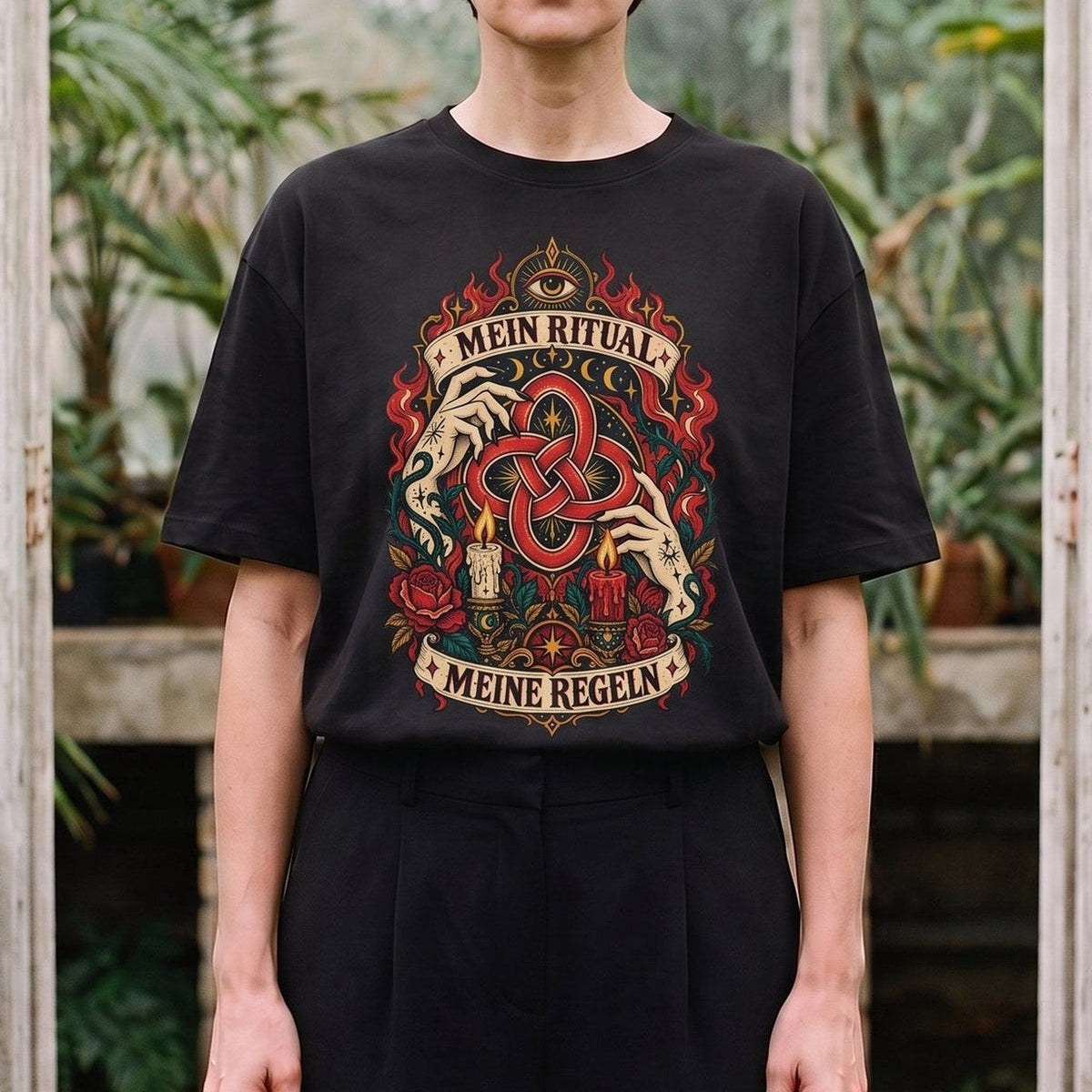 Hexenwerk — Mein Ritual: schwarzes Oversized-T-Shirt, getragen, Ausschnitt.