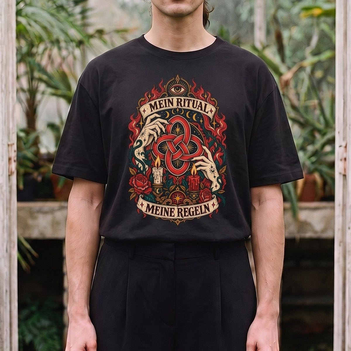 Hexenwerk — Mein Ritual: schwarzes Oversized-T-Shirt, getragen, Detail.