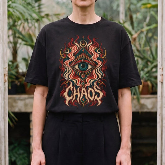 Chaos — Auge: schwarzes Oversized-T-Shirt, getragen, Ausschnitt.