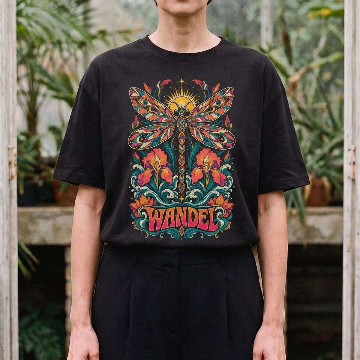 Wandel — Libelle: schwarzes Oversized-T-Shirt, getragen, Ausschnitt.