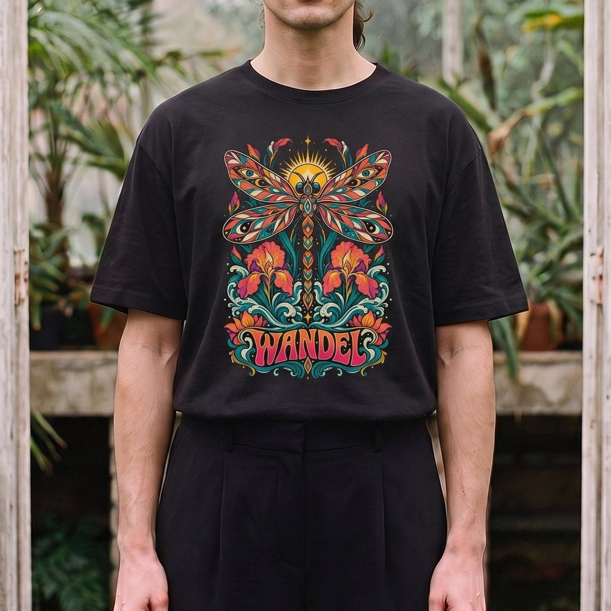 Wandel — Libelle: schwarzes Oversized-T-Shirt, getragen, Detail.