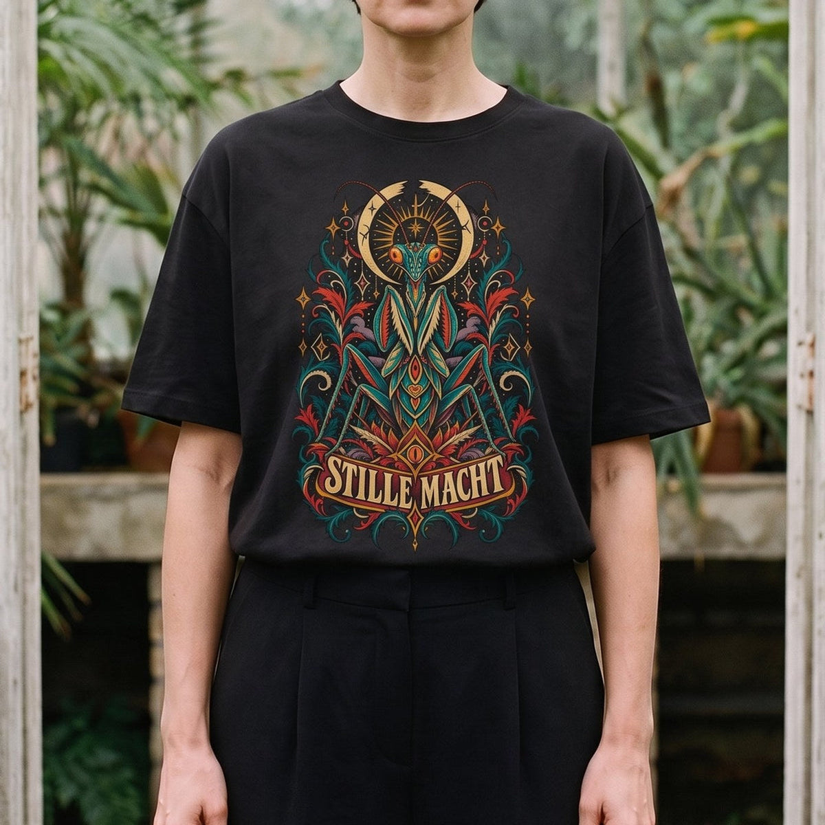 Stille Macht — Mantis: schwarzes Oversized-T-Shirt, getragen, Ausschnitt.