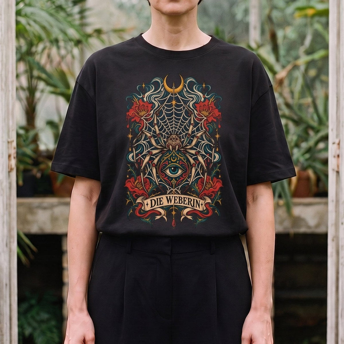 Die Weberin — Spinne: schwarzes Oversized-T-Shirt, getragen, Ausschnitt.