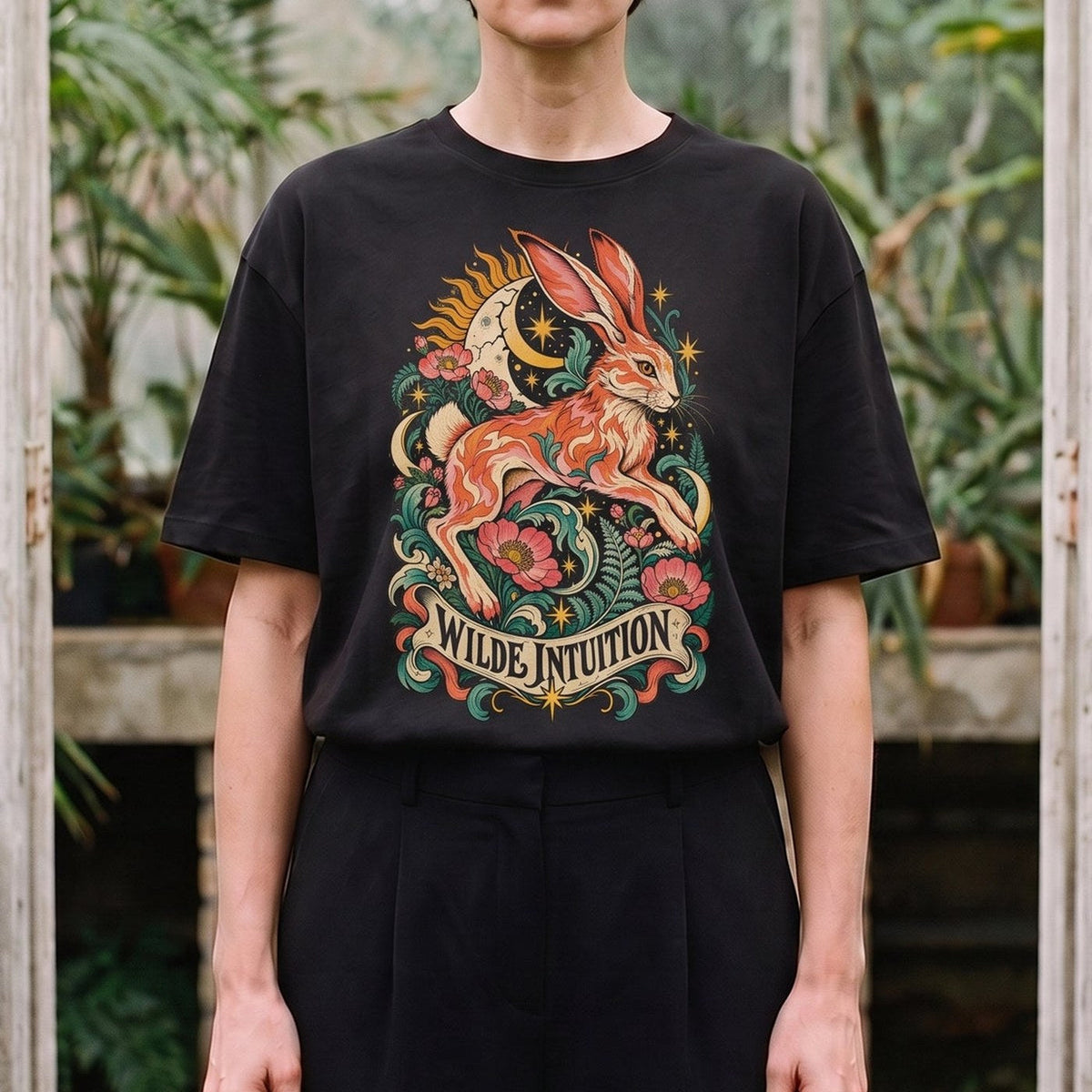 Wilde Intuition — Hase: schwarzes Oversized-T-Shirt, getragen, Ausschnitt.