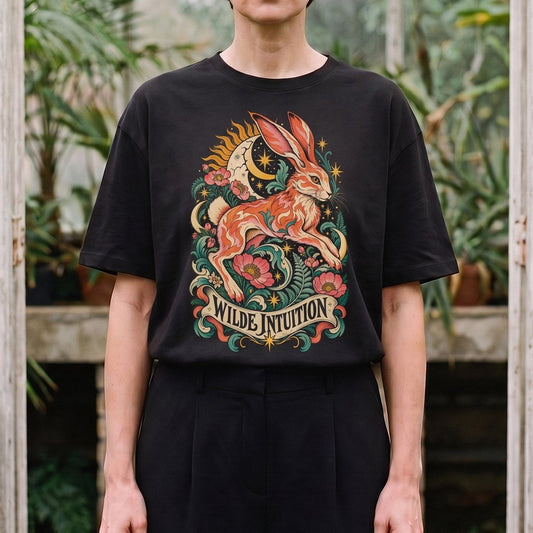 Wilde Intuition — Hase: schwarzes Oversized-T-Shirt, getragen, Ausschnitt.