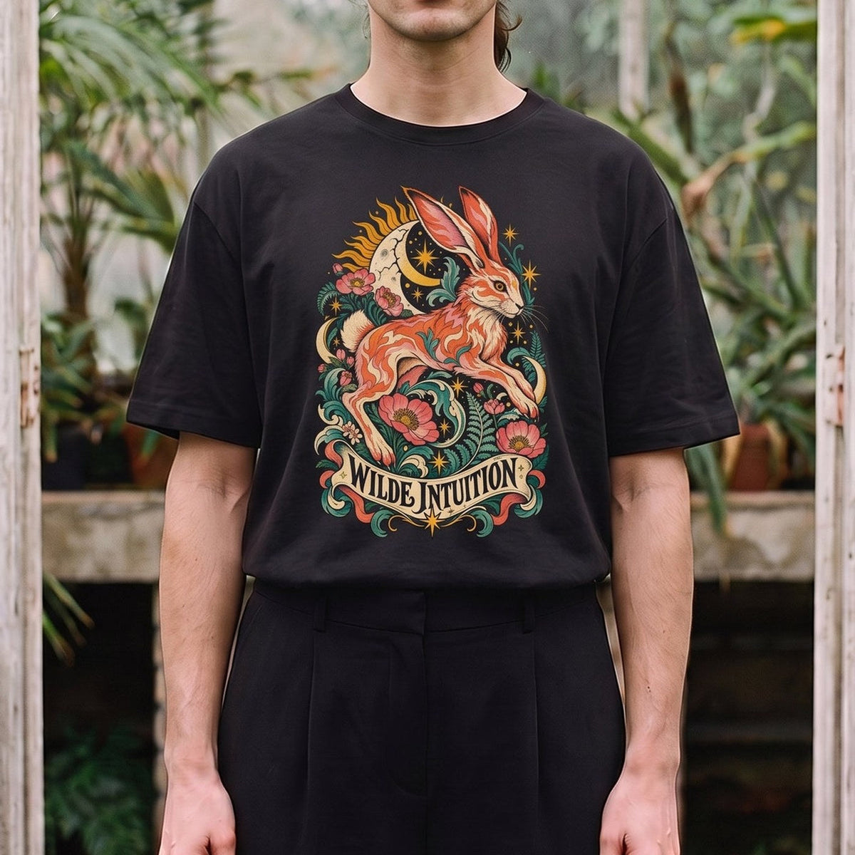 Wilde Intuition — Hase: schwarzes Oversized-T-Shirt, getragen, Detail.