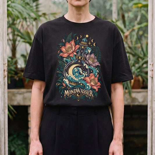 Mondwasser — Nachtgarten: schwarzes Oversized-T-Shirt, getragen, Ausschnitt.
