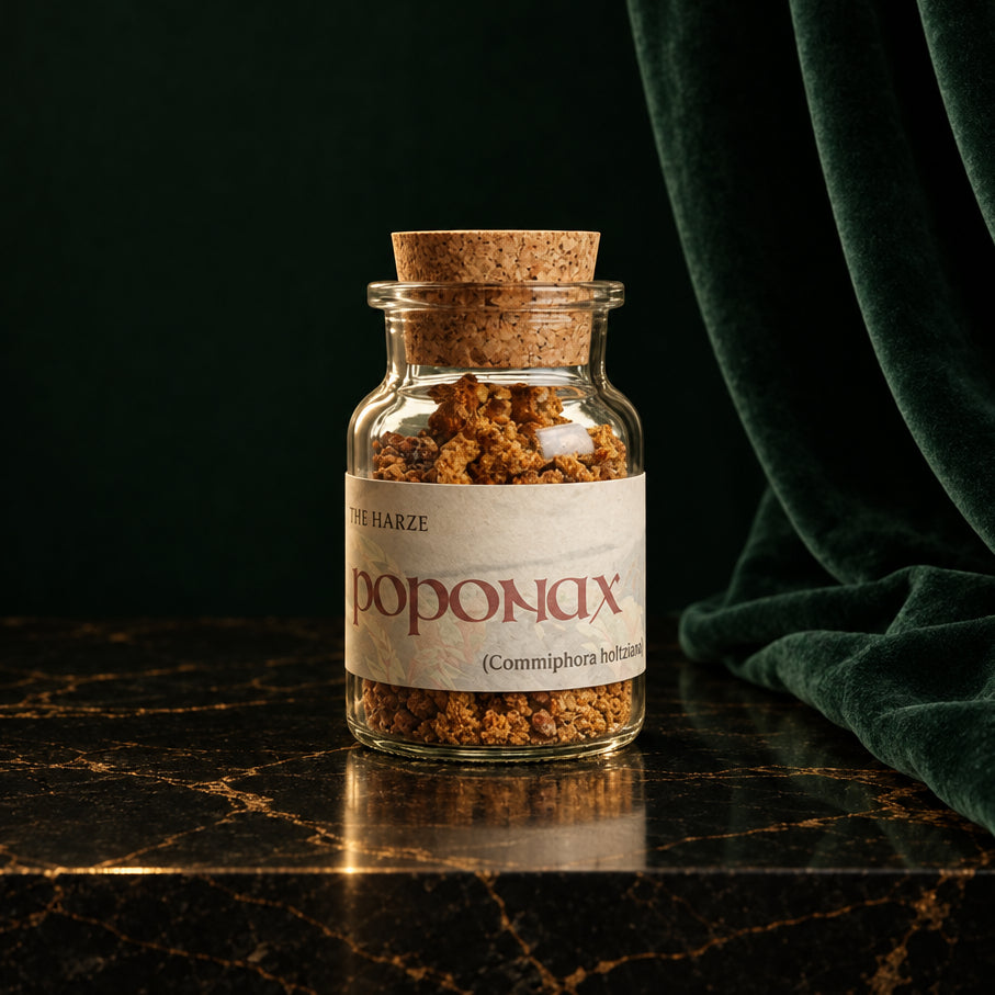 Opoponax Räucherharz von Ritualmanufaktur im Glas mit Korken auf einem Holztisch
