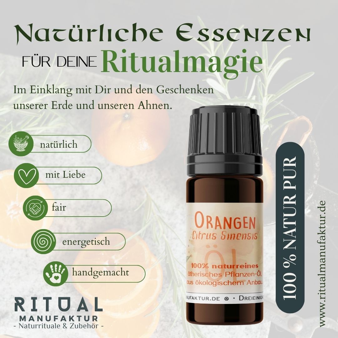 Orangenöl-Fläschchen mit dem Schriftzug „Natürliche Essenzen für deine Ritualmagie“