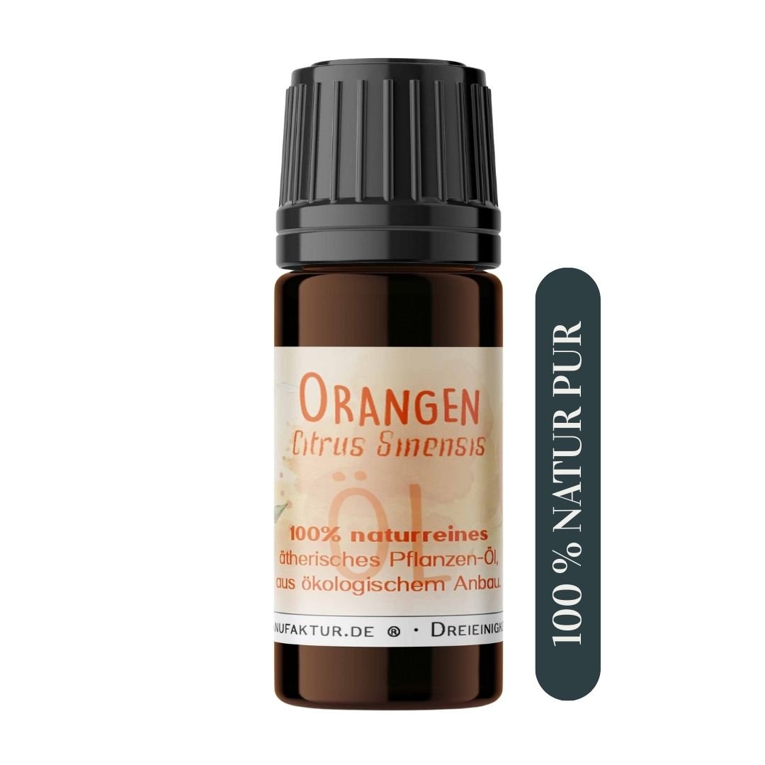 Orangenöl-Fläschchen vor zartem Aquarellhintergrund