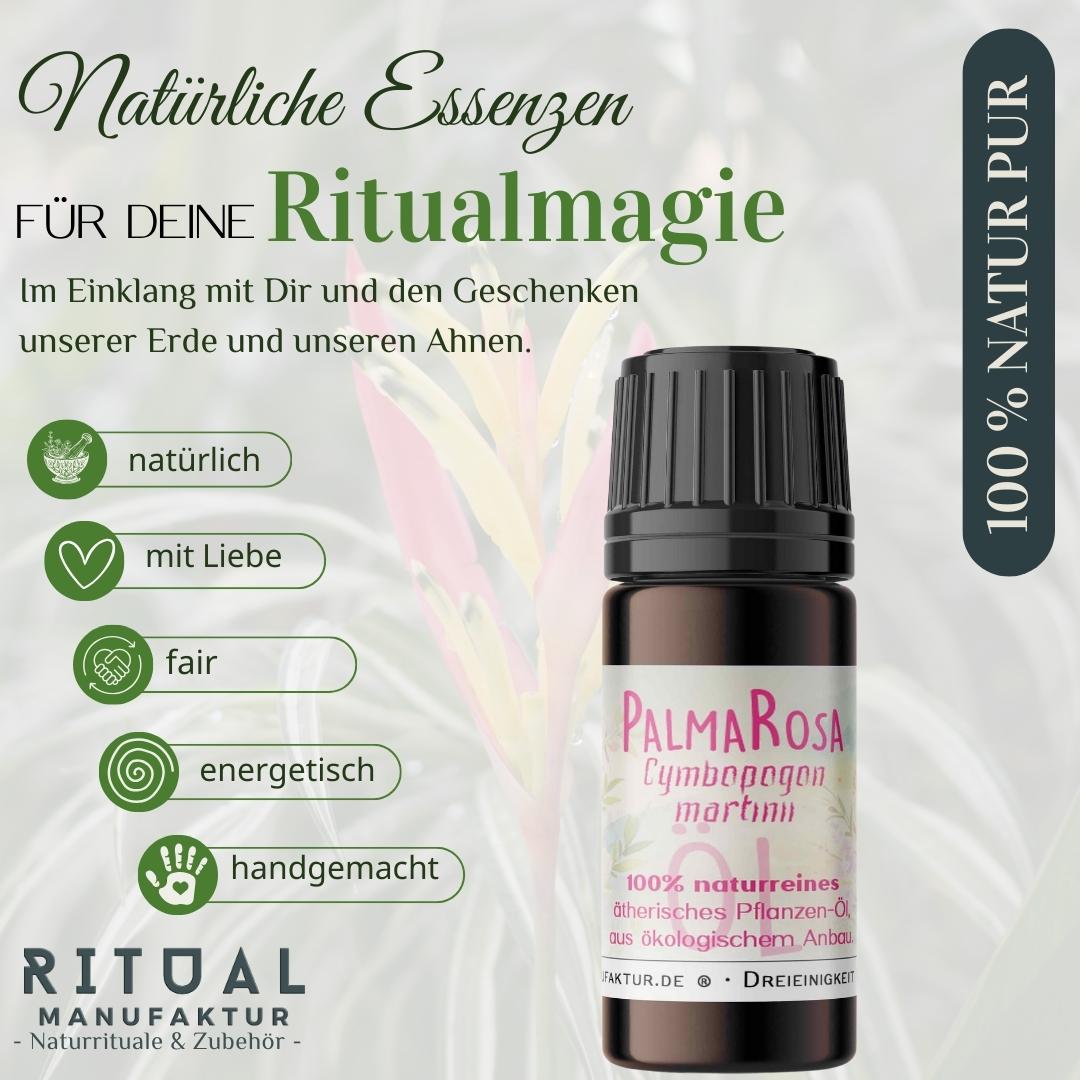 Palmarosaöl-Fläschchen mit dem Schriftzug „Natürliche Essenzen für deine Ritualmagie“
