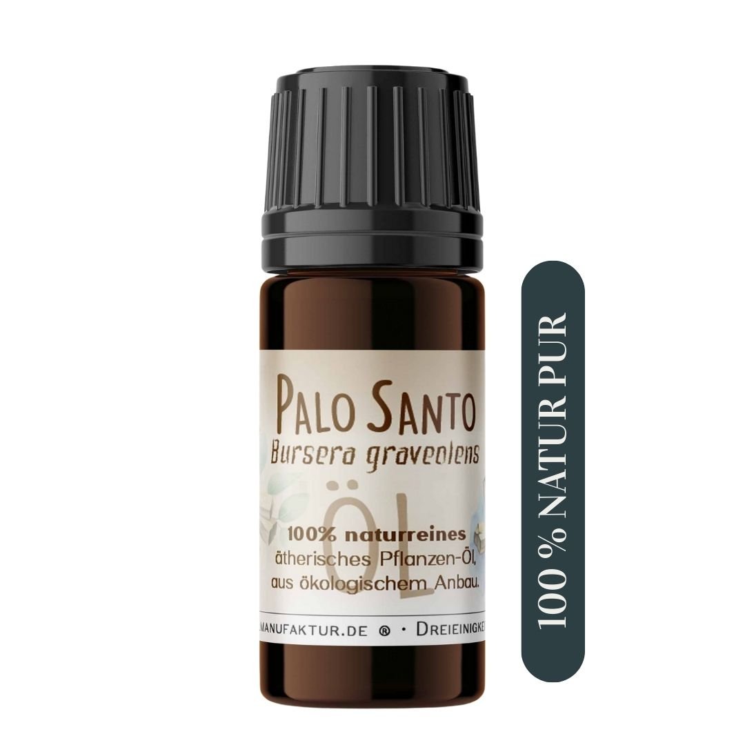 Palo-Santo-Öl-Fläschchen mit Etikett in der Seitenansicht