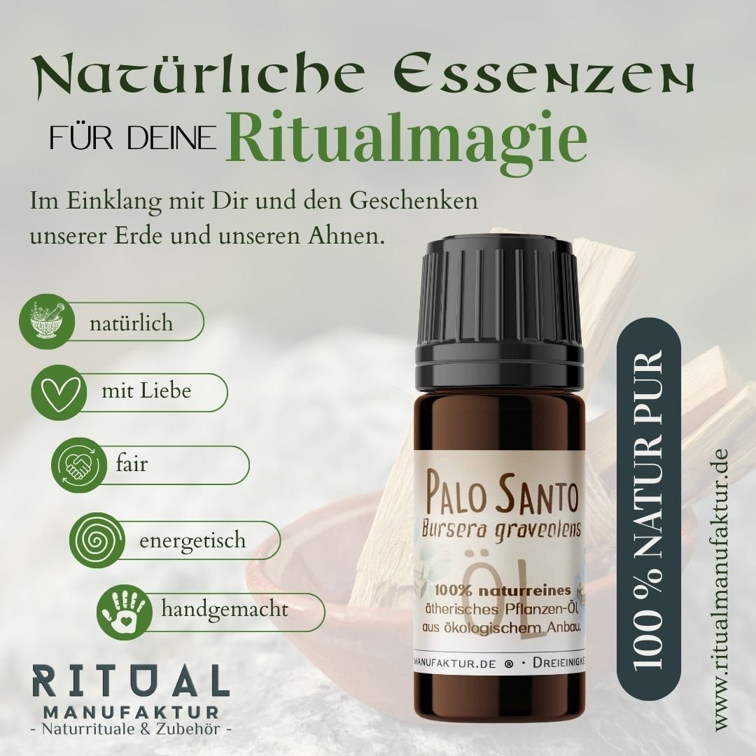 Palo-Santo-Öl-Fläschchen mit dem Schriftzug „Natürliche Essenzen für deine Ritualmagie“