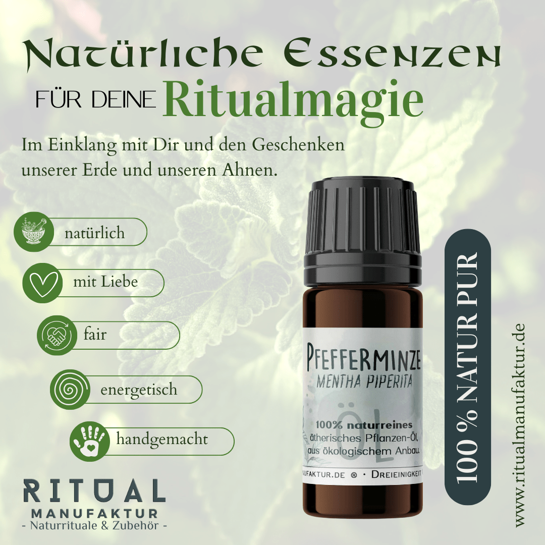 Pfefferminzöl-Fläschchen mit dem Schriftzug „Natürliche Essenzen für deine Ritualmagie“
