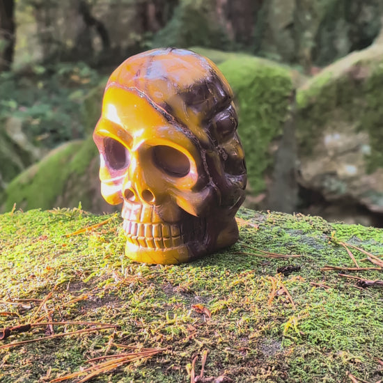 Limitierter Mookait Jaspis Kristallschädel (1,6kg) "Der Wächter der Ahnen" mit ocker-gelben und violetten Mustern auf Moos