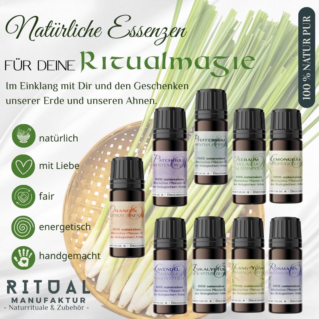 Sortiment ätherischer Öle der Ritualmanufaktur mit dem Hinweis „Natürliche Essenzen für deine Ritualmagie“