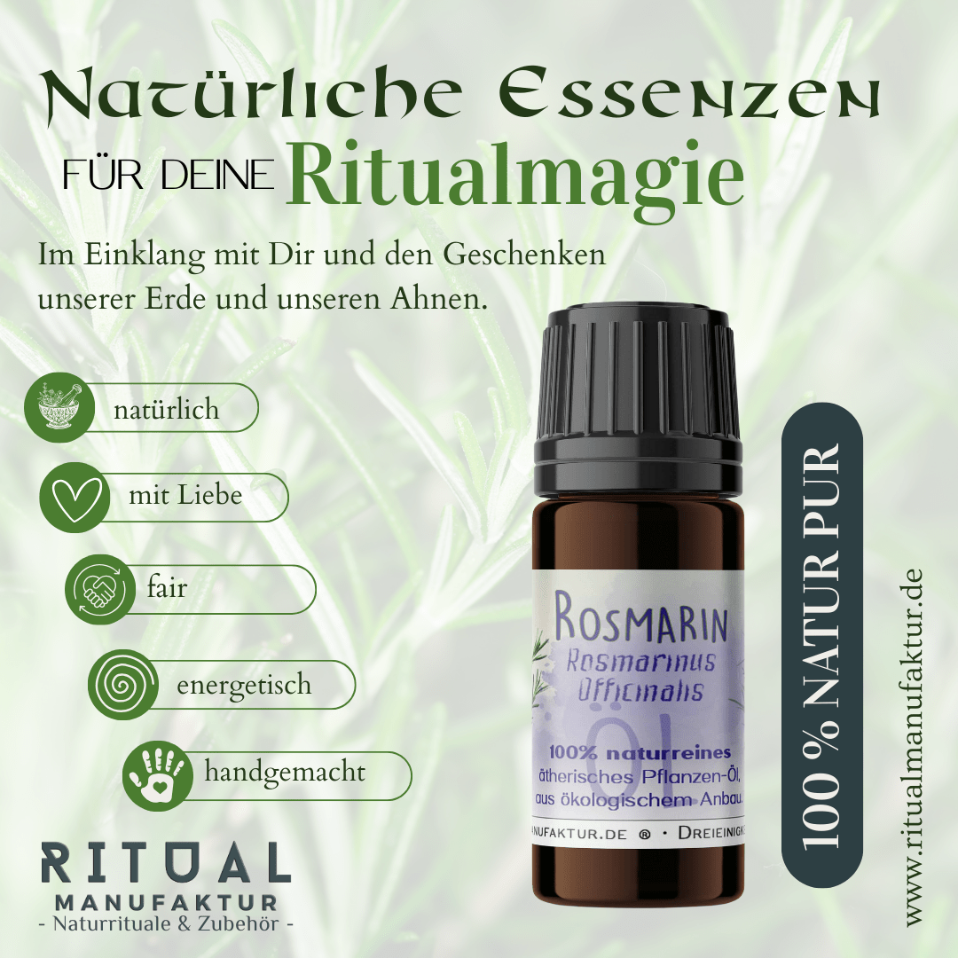 Rosmarinöl-Fläschchen mit Rosmarinzweigen und dem Schriftzug „Natürliche Essenzen für deine Ritualmagie“