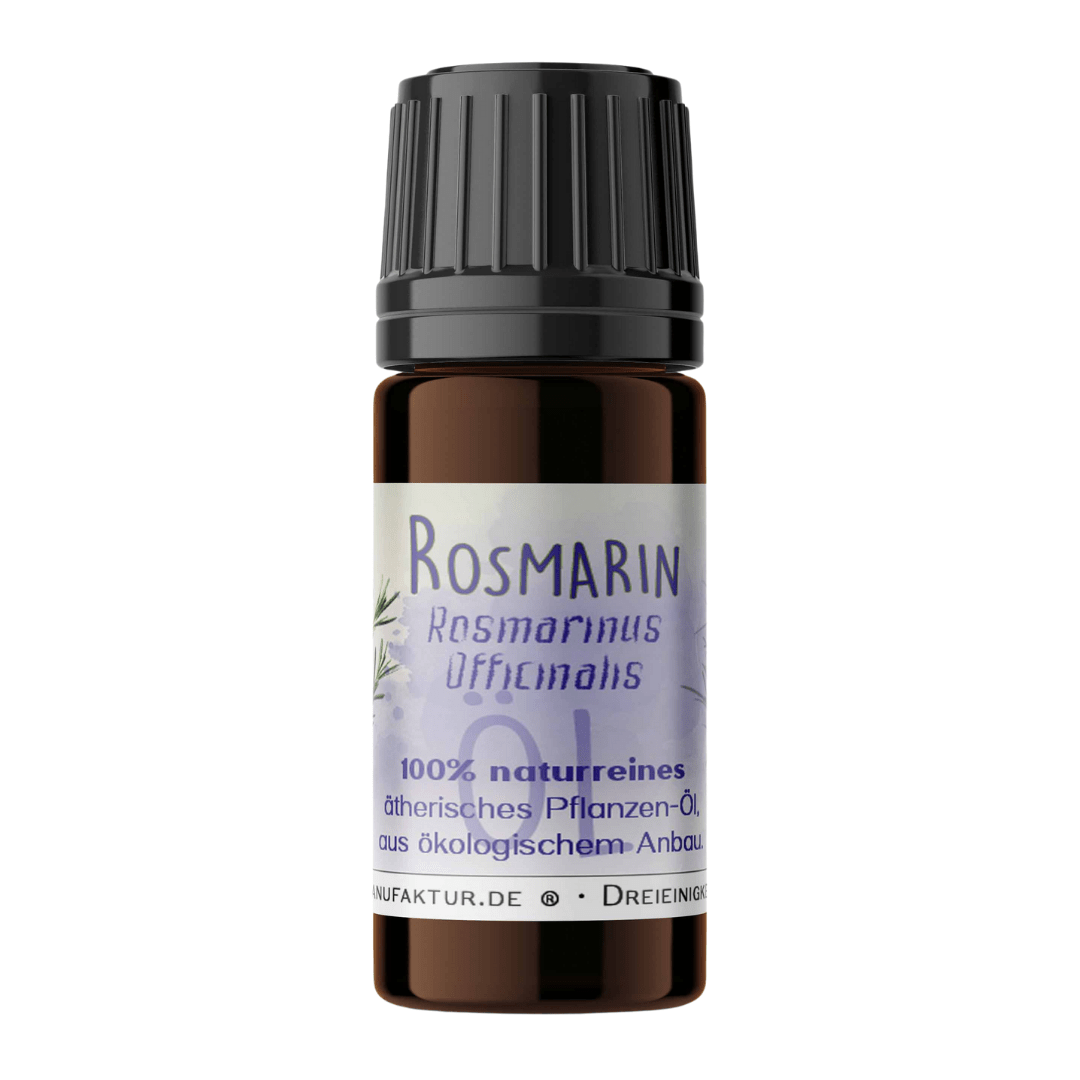 Rosmarin ätherisches Öl von Ritualmanufaktur – Braunglasfläschchen mit lila Etikett vor weißem Hintergrund